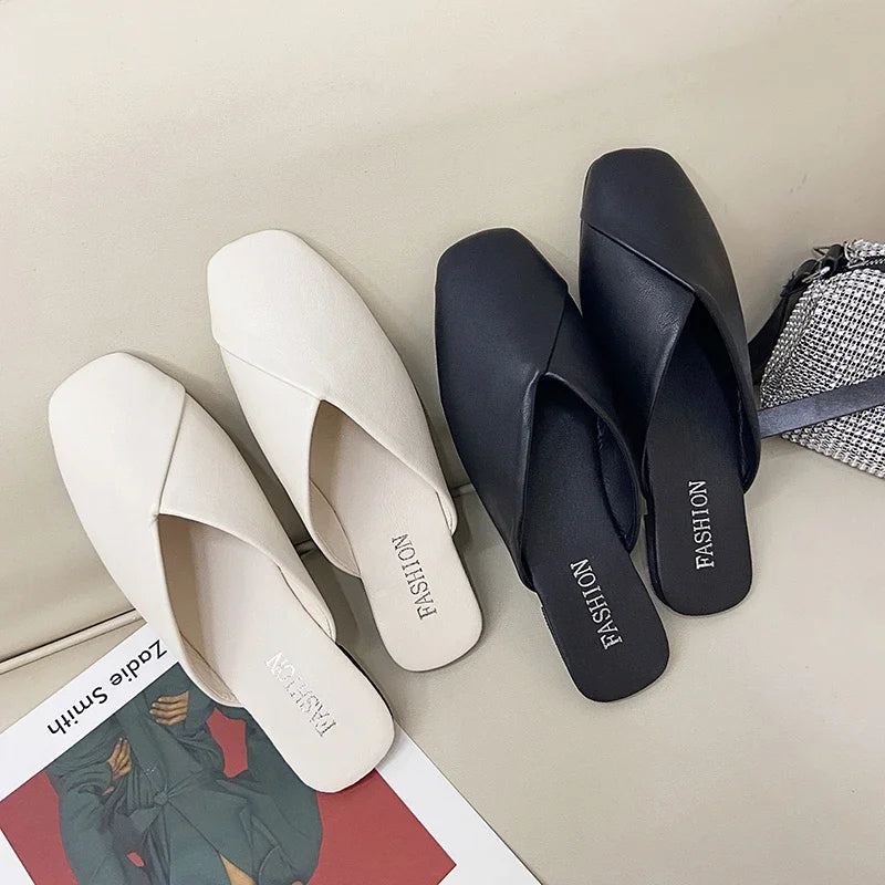 Mules de mujer de PU con punta cuadrada y base plana