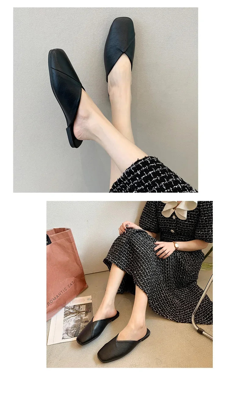 Mules de mujer de PU con punta cuadrada y base plana