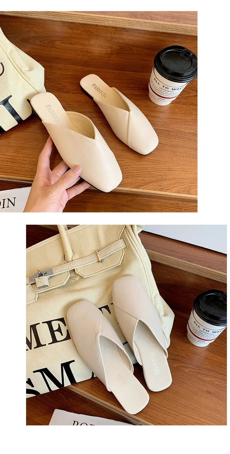 Mules de mujer de PU con punta cuadrada y base plana