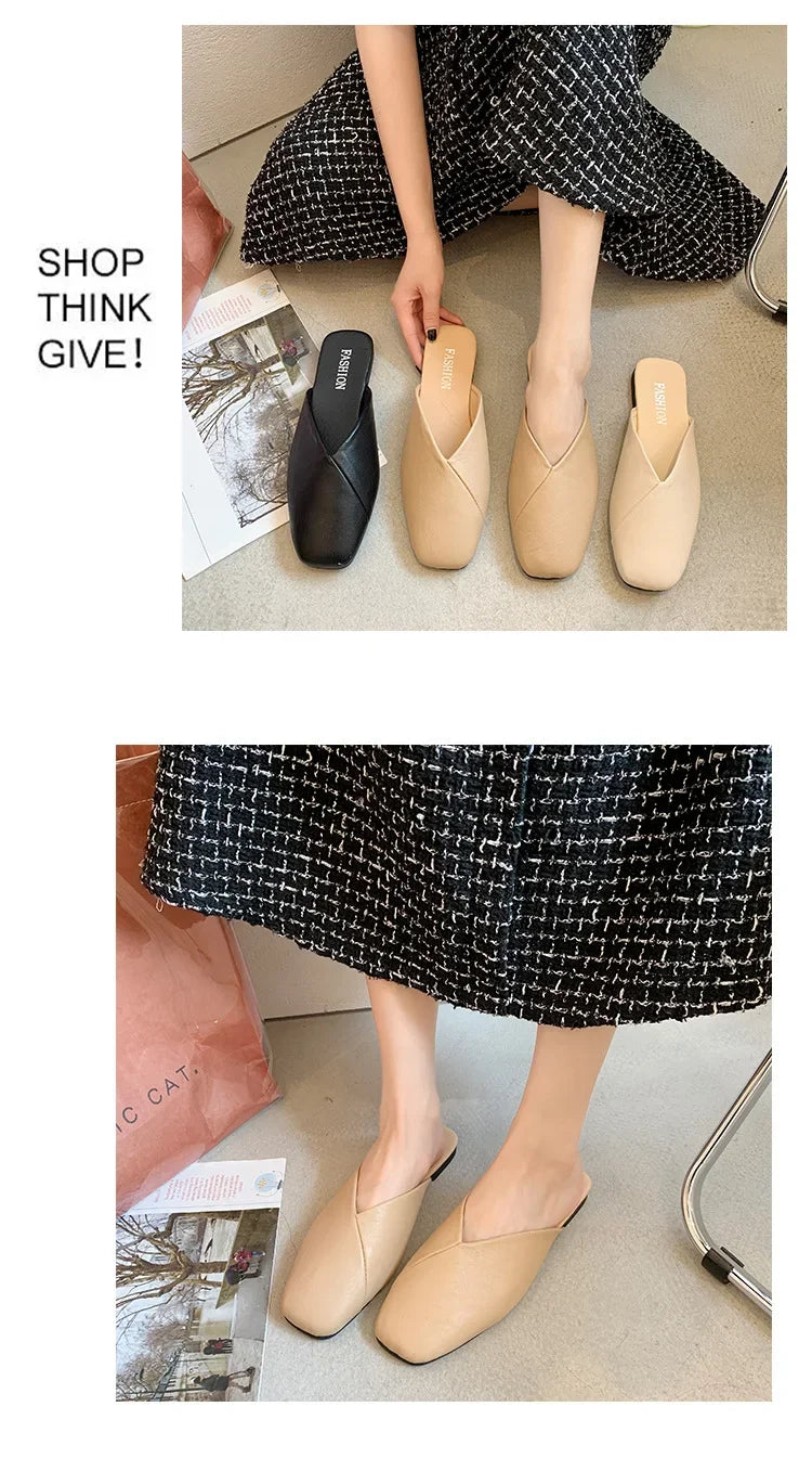 Mules de mujer de PU con punta cuadrada y base plana