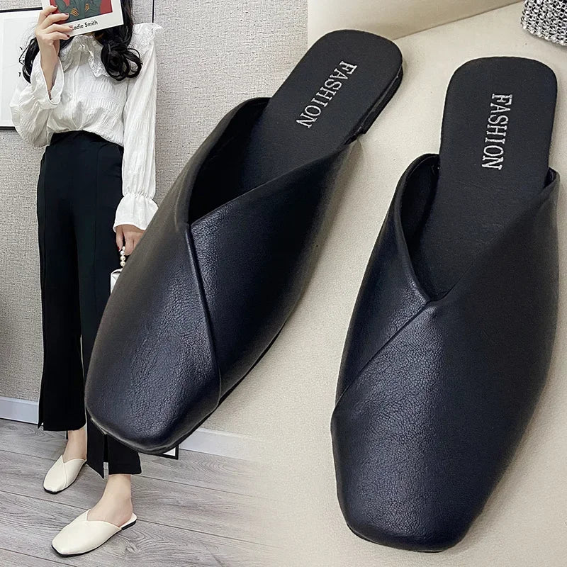 Mules de mujer de PU con punta cuadrada y base plana