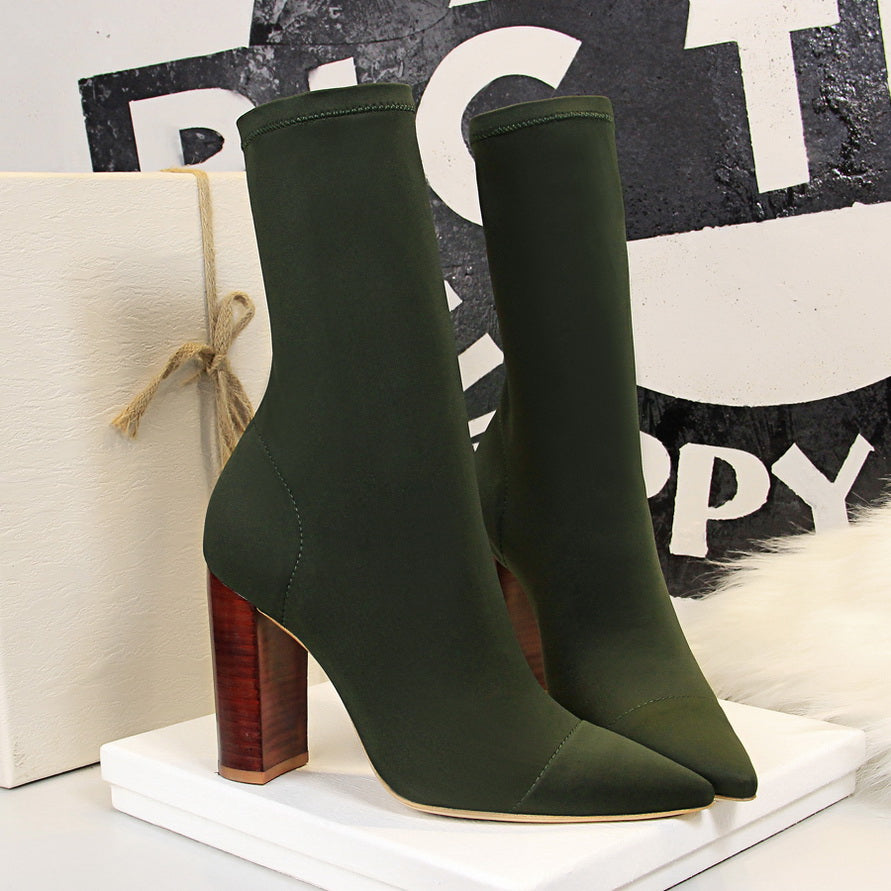 Botas tipo media de seda con taco bloque de 10 cm
